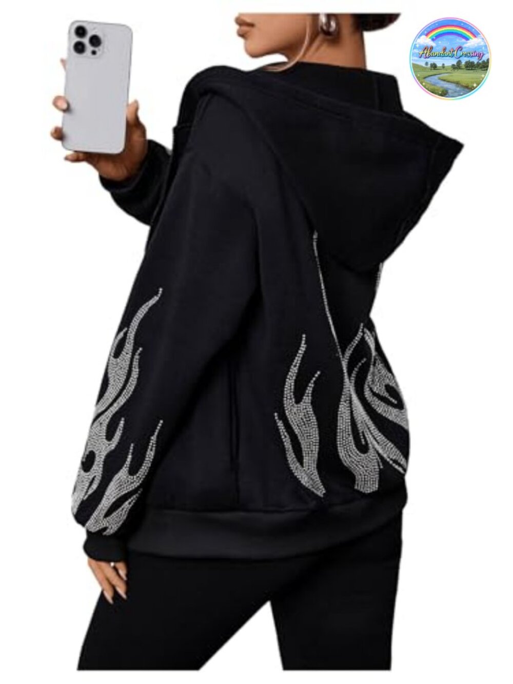 Y2K Oversized Zip Up Hoodie Sweatshirt Rhinestone Drawstring Kangaroo Pocket